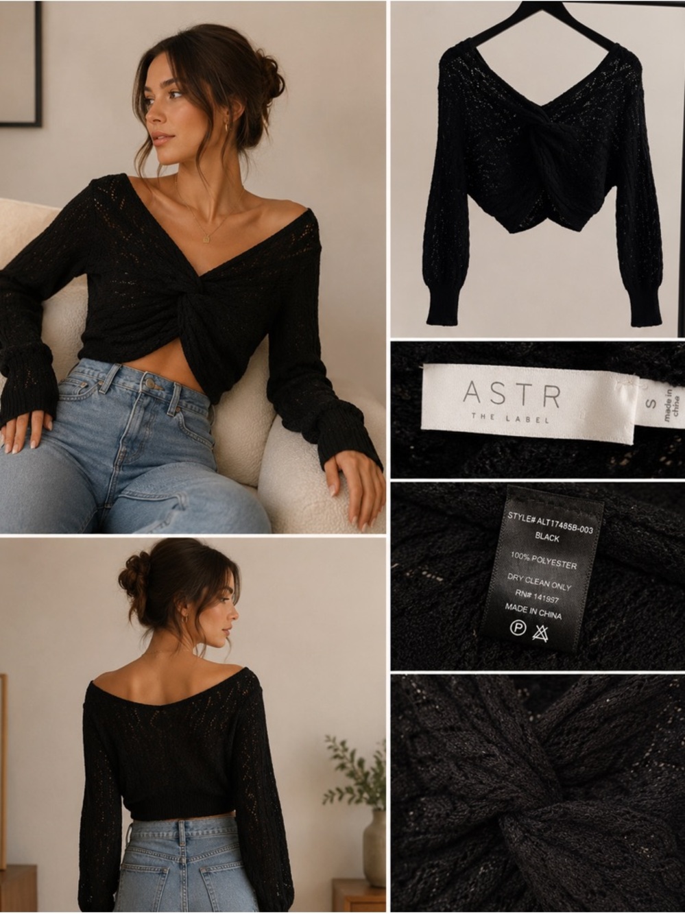 ASTR The‎ Label Black Pointelle Twist Front Knit Crop Sweater Top S